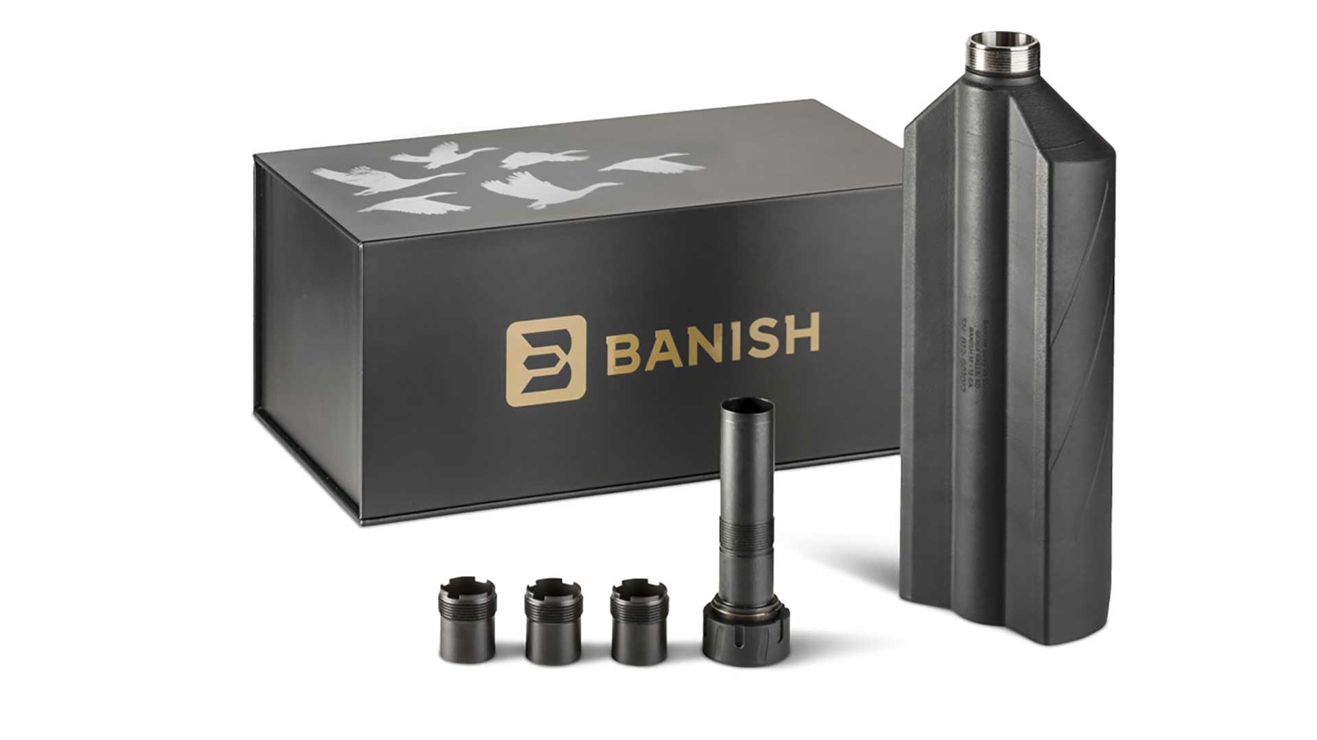 Silencer Central Banish 12 suppressor shown next to choke tubes, mount and packaging.