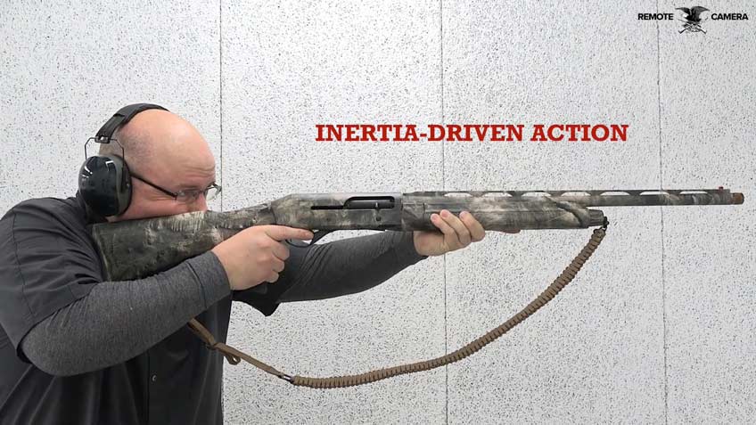 Man shooting camouflage shotgun with green sling and text on image