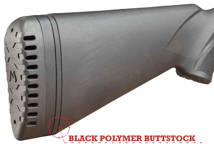 Black poylmer buttstock of Mossberg 940 JM Pro shotgun with text on image stating &quot;black polymer buttstock.&quot;