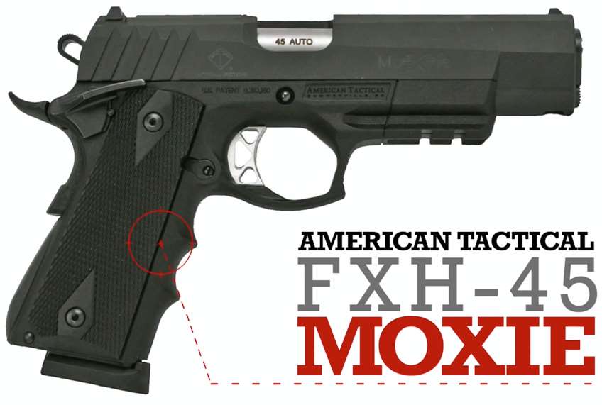 Right side black handgun with text noting make and model: American Tactical FXH-45 Moxie