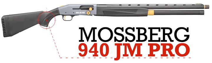 Right-side view of Mossberg 940 JM Pro shotgun on white background with text on image stating the make and model.