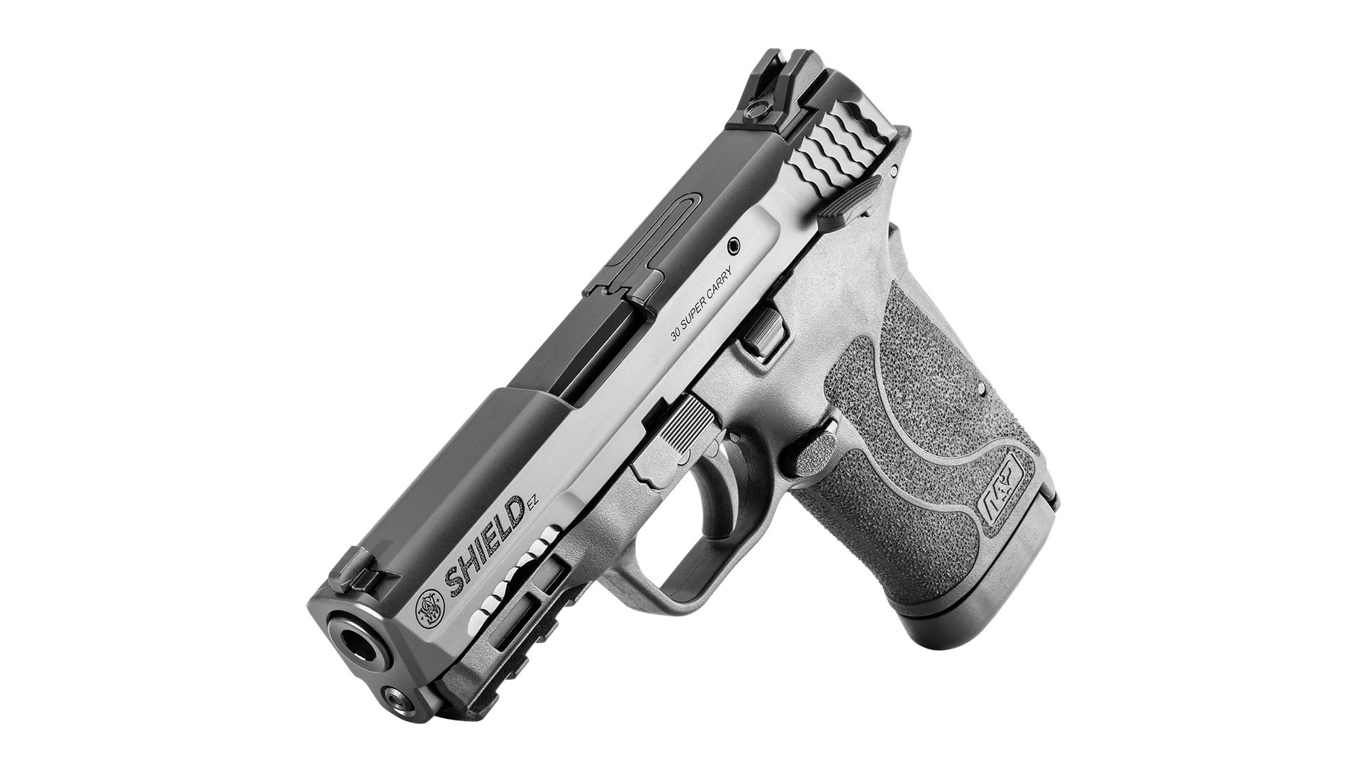 Left side of the Smith & Wesson M&P 30 Shield EZ in 30 Super Carry shown on white.