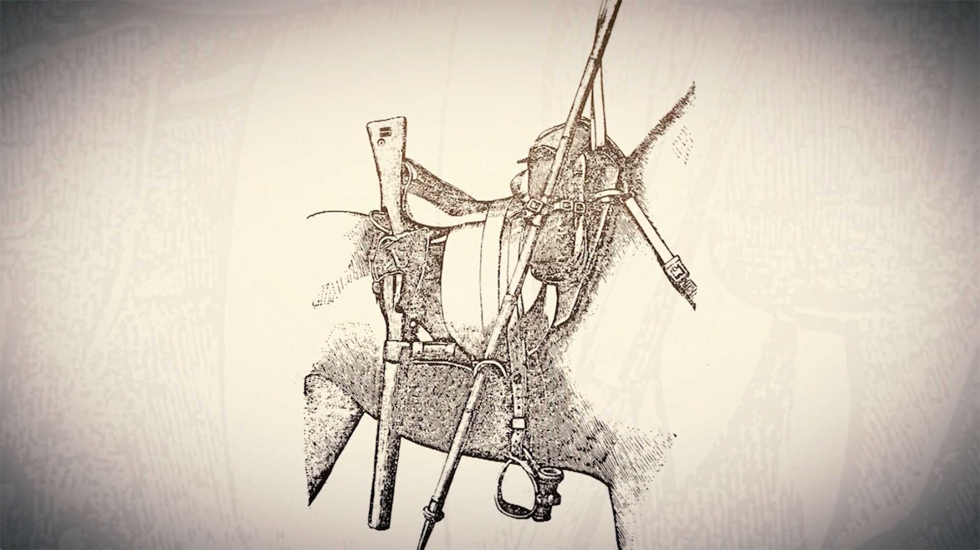Drawing of a rifle scabbard and a lance on the right side of a horse.