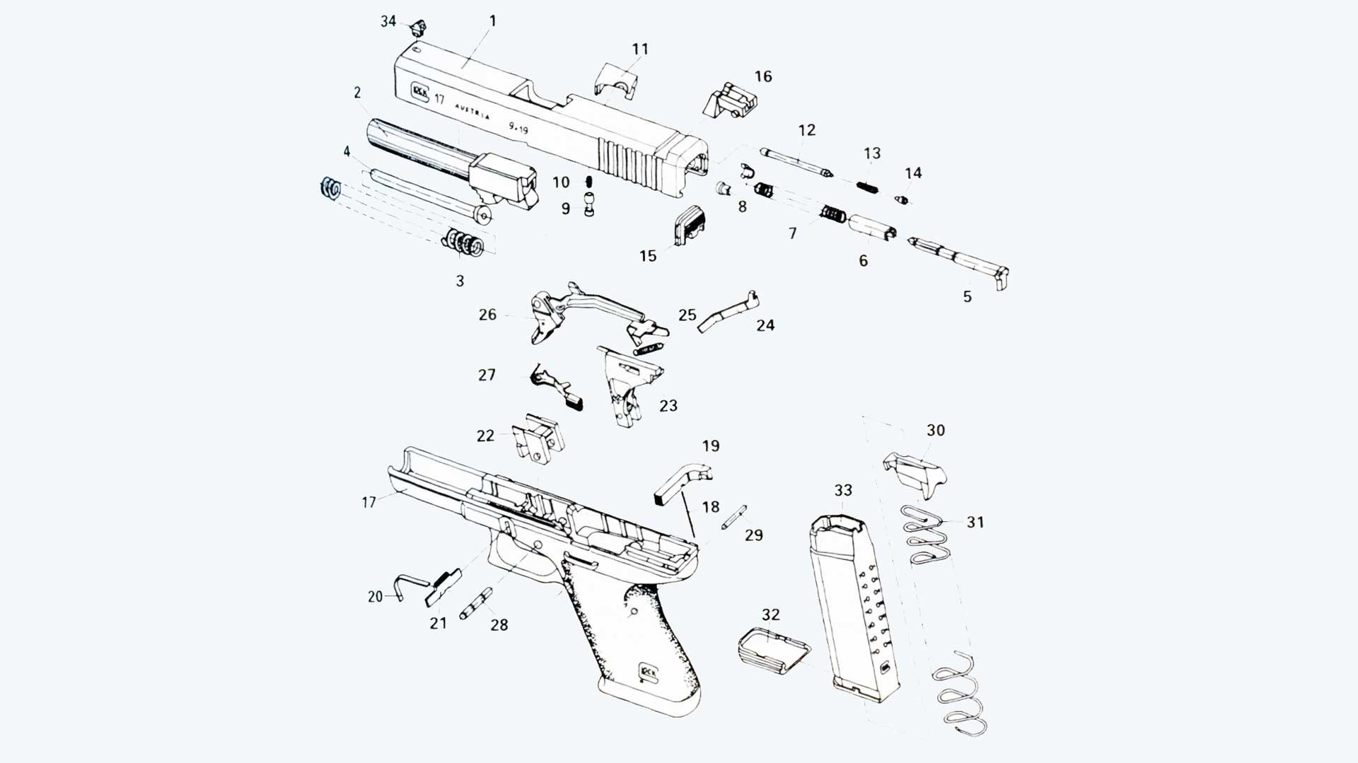 An exploded view of the Glock 17 pistol.