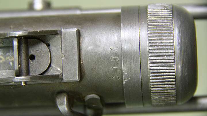 The rear receiver tube of SOLA Super submachine gun serial number 0001, which is part of the collection of The National Museum of Military History (Musée Nationale d’Histoire Militaire) in the city of Diekirch, Luxembourg. Photograph by the author - December 6, 2014.
