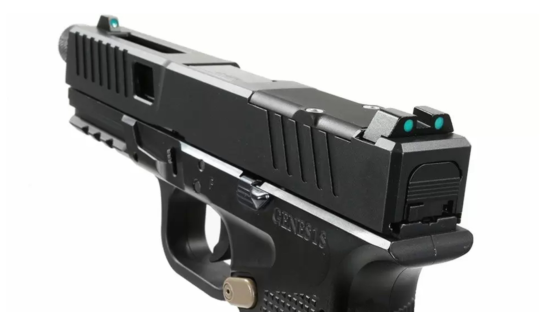 Detail of the black slide on the Bear Creek Arsenal Genes1s II pistol, showing the three-dot sights and optic-ready slide.