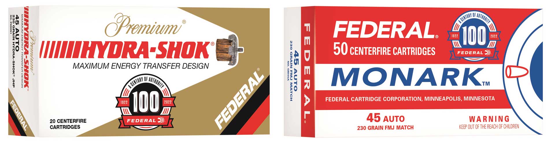 side-by-side comparison boxes retangular ammunition packaging vintage Federal Premium .45 ACP