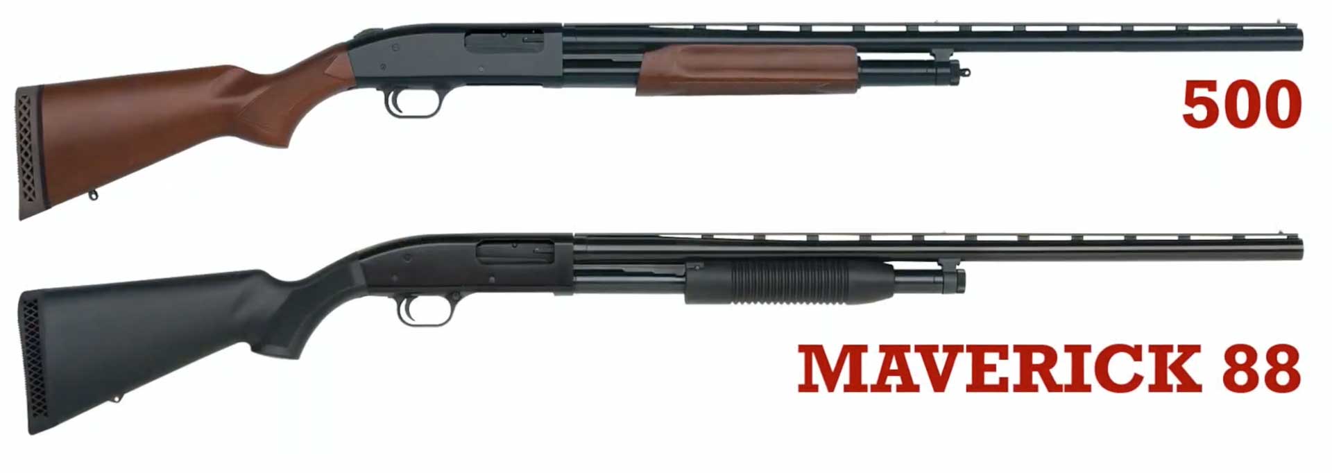right side pump-action shotguns stack two guns black metal plastic brown wood