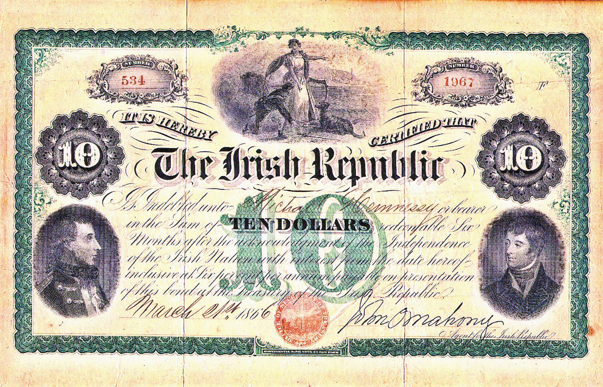 In November 1865, the Fenian Brotherhood negotiated with Alfred Jenks of the Bridesburg factory near Philadelphia, Pa., for 7,500 rifle-muskets, using funds raised by selling bonds to the Irish population in the United States. Courtesy, David M. Sullivan.