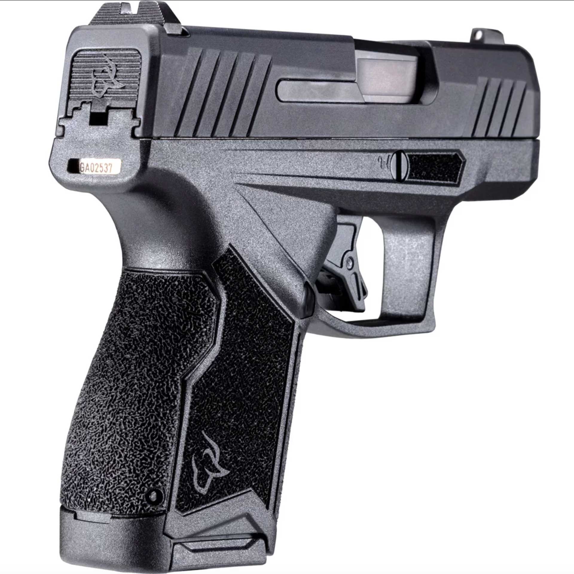 rear quarter view black handgun pistol plastic metal texturing bull logo Taurus