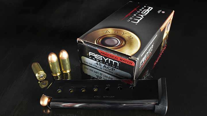 The ASYM 230 gr. FMJ .45 ACP ammunition used in testing.