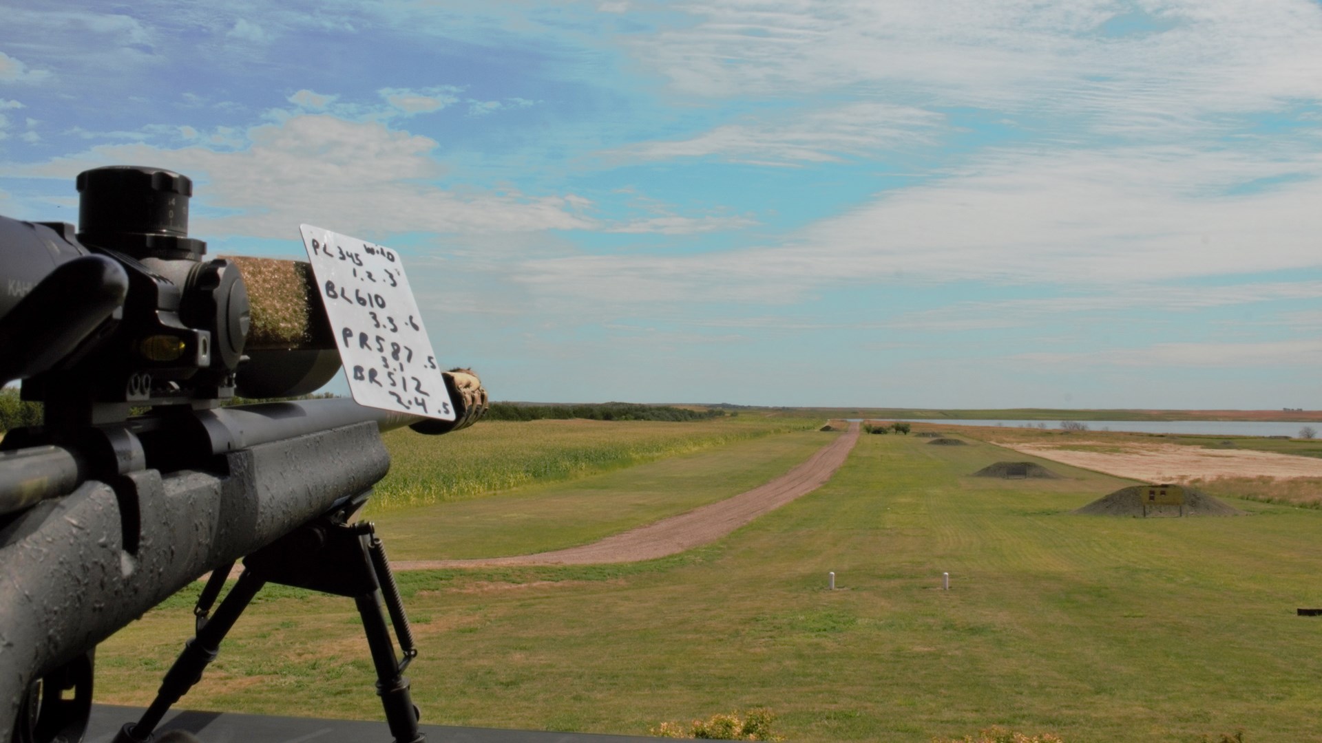 Bolt-action rifle on bipod outdoors long-range view wide landscape rifle with black optic dope card grass targets field cloudy sky