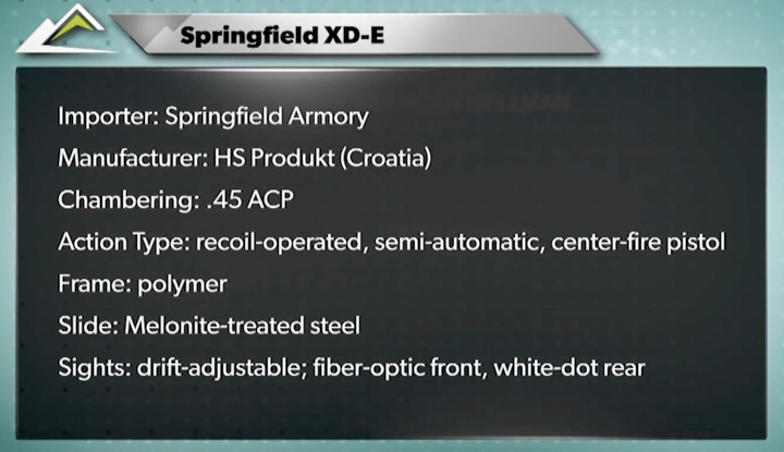 Specification table listing features of Springfield XDe pistol.