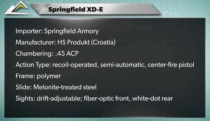 Specification table listing features of Springfield XDe pistol.