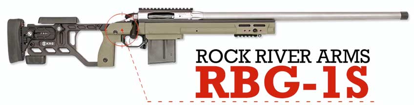 Tan-colored rifle with black stock and text on image noting make and model: Rock River Arms RBG-1S