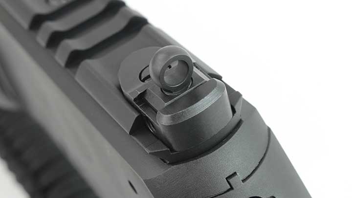 The large ghost-ring rear sight at the back of the receiver.
