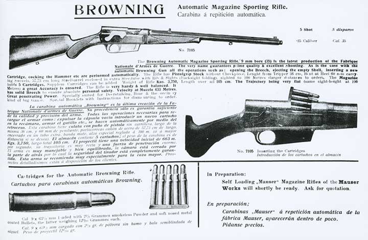 Catalog page advertising the Browning Autoloading Rifle as made by Fabrique Nationale.