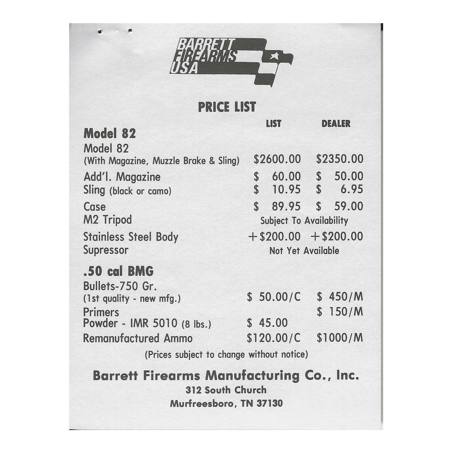 Barrett Firearms sell shit price list for guns and accessories