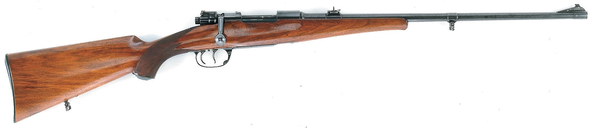 right side of bolt-action mauser sporter hunting rifle double trigger safari grade gun wood stock