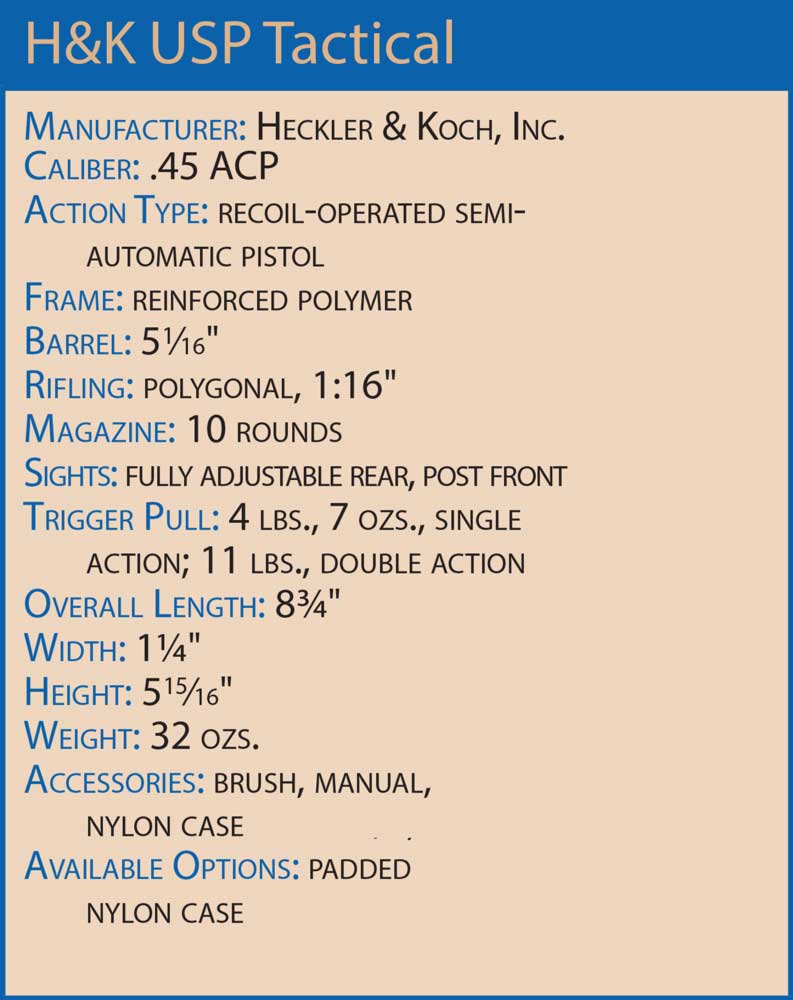 Specification table for H&K USP Tactical pistol .45-cal.