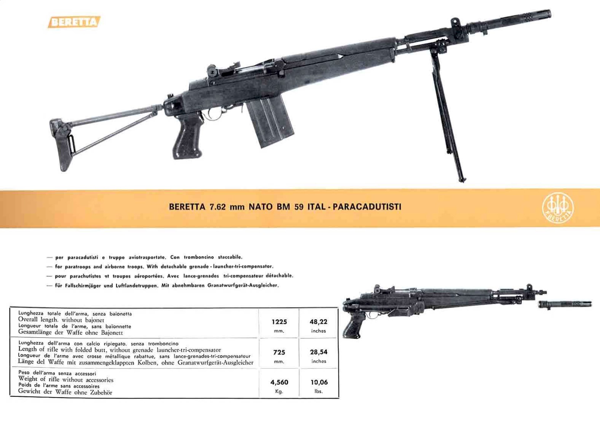 The entry for the BM-59 Paracadutisti that appeared in the Beretta BM-59 sales literature.