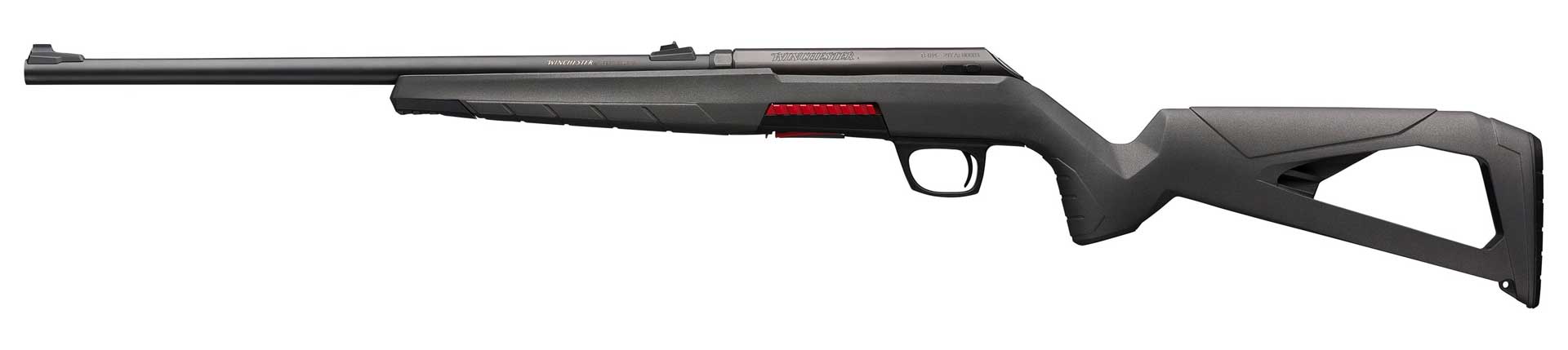 Winchester Xpert 22 LR left-side view full-length rifle bolt-action gray plastic stock red trim black steel action and barrel