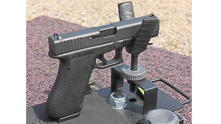 The Glock P80 on the bench for testing.