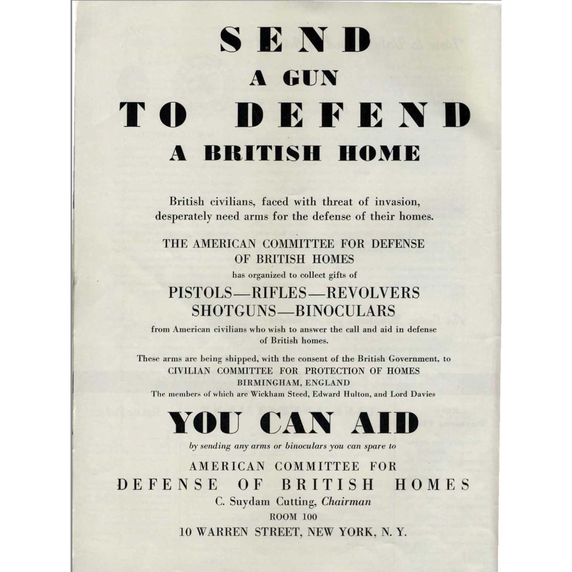 An advertisement in the November 1940 issue of American Rifleman asking readers to "Send A Gun To Defend A British Home."