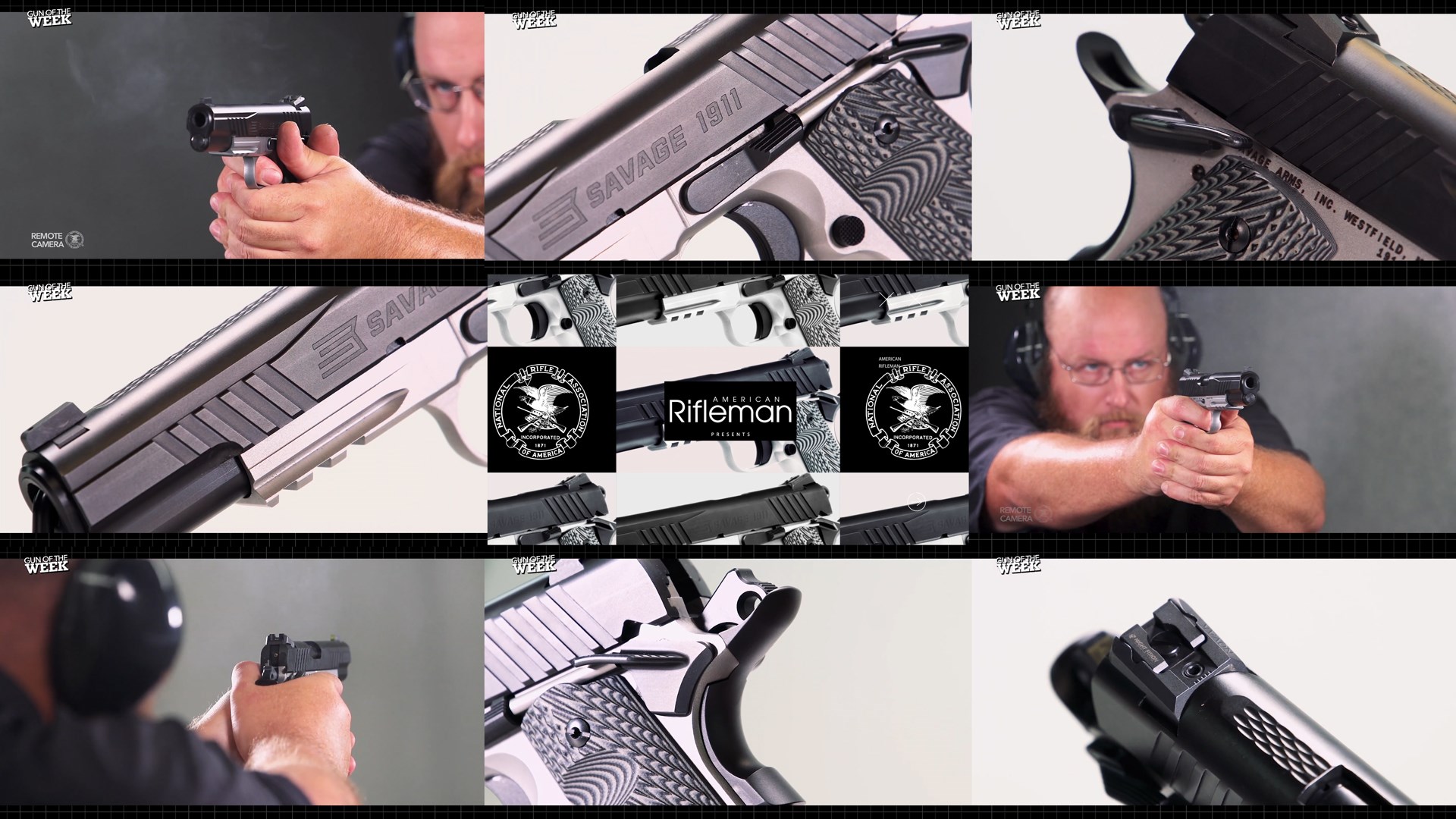 Savage M1911 Pistol GOTW gun of the week tiles mosaic 9 images stacked showing gun details man shooting indoor range