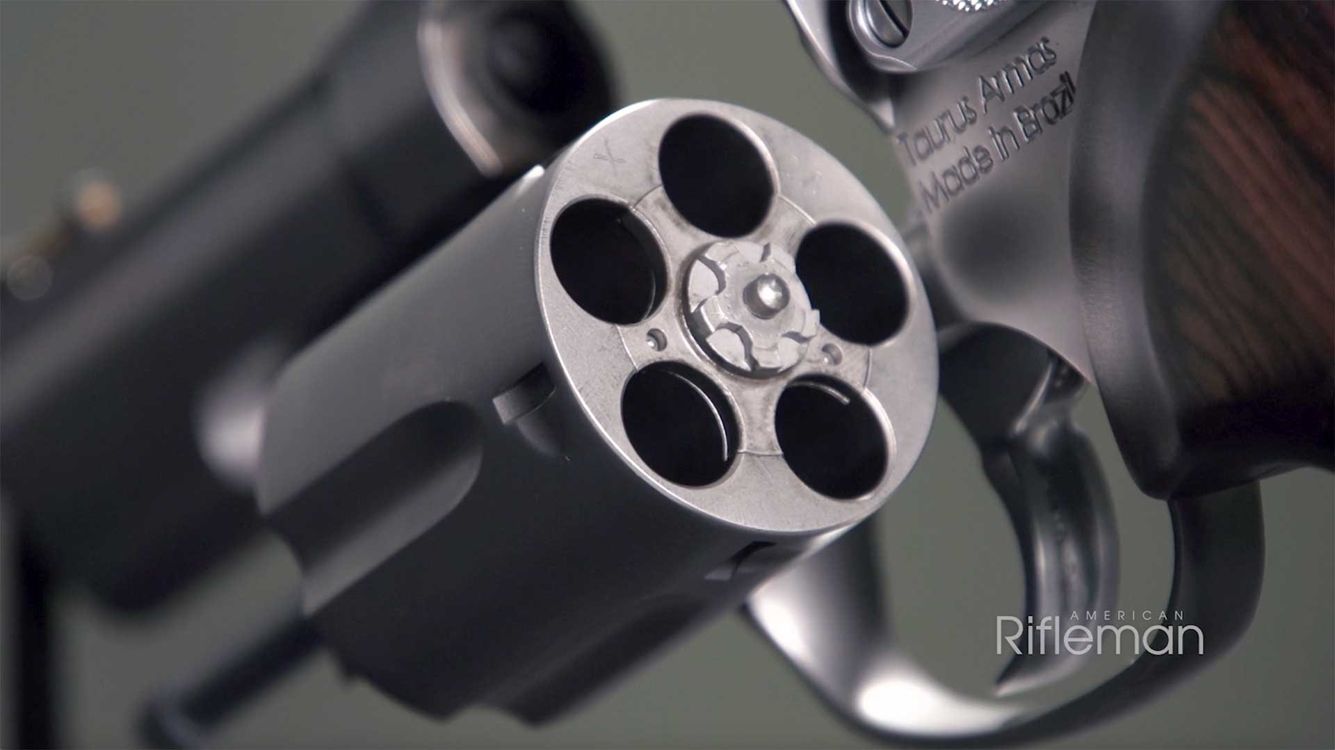 Rear of the five-shot cylinder inside the Taurus 605 Executive Grade revolver.