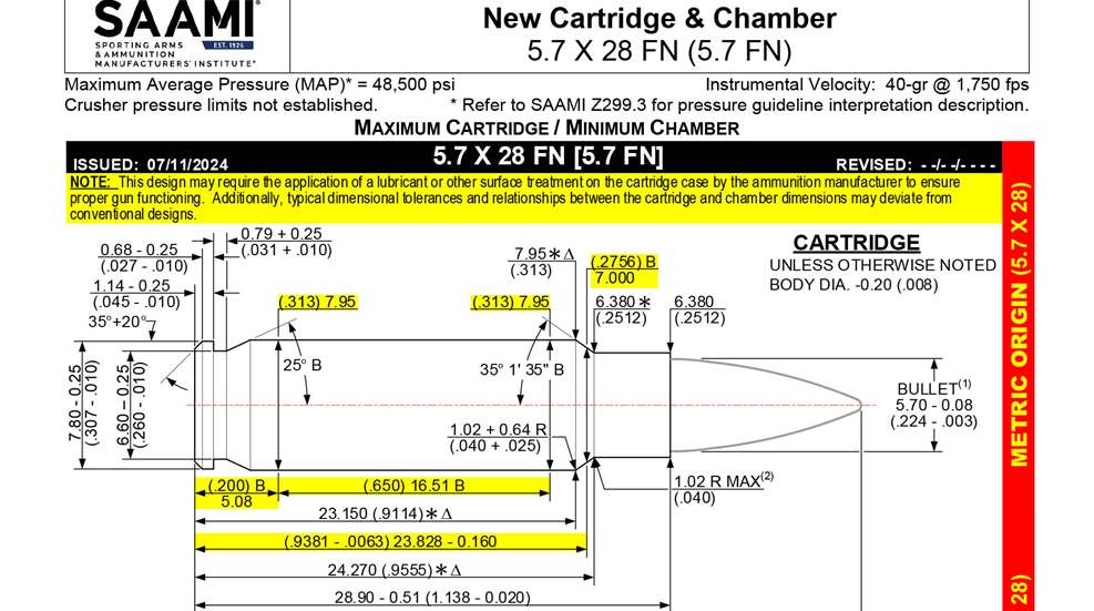 5.7x28 mm FN cartridge drawing SPORTING ARMS & AMMUNITION MANUFACTURERS' INSTITUTE lines numbers bullet