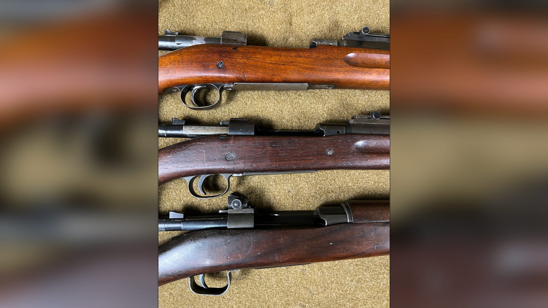 M1903 rifle military surplus guns wood stock action pin comparison row stack three rifles