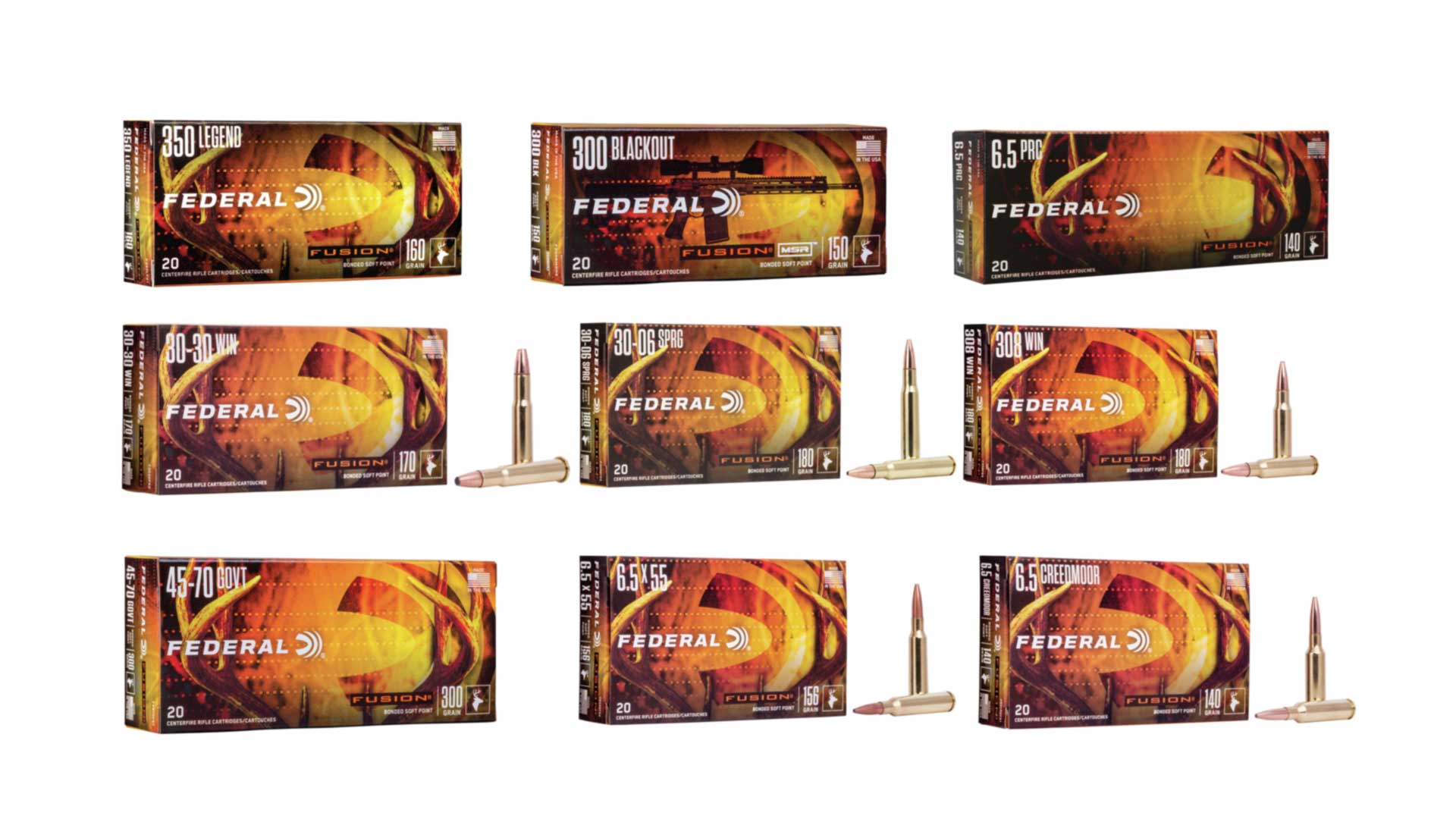 Federal Premium Fusion ammunition boxes cartridges ammo row grid stack arrangement