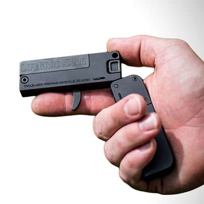 Trailblazer Firearms lifecard derringer single-shot 22 lr in hand