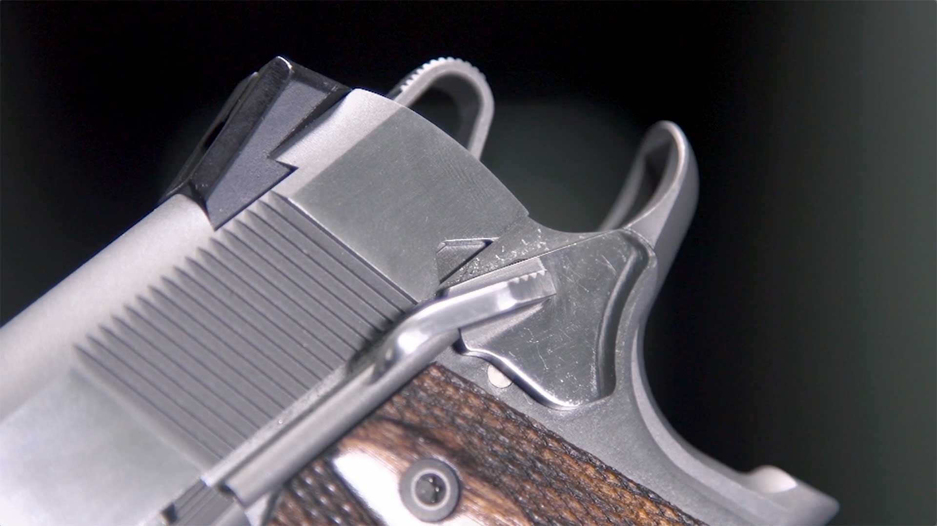 Detail of the single-sided thumb safety and skeletonized hammer on the Springfield Armory Garrison 1911.