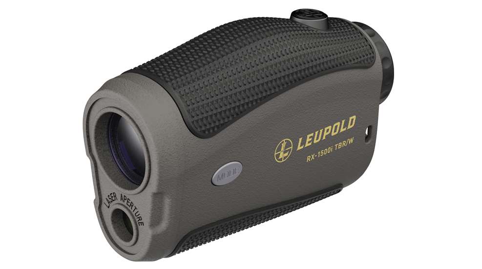 Leupold RX-1500i TBR/W Laser Rangefinder left-side view gray gold black plastic box rectangle product optics handheld device
