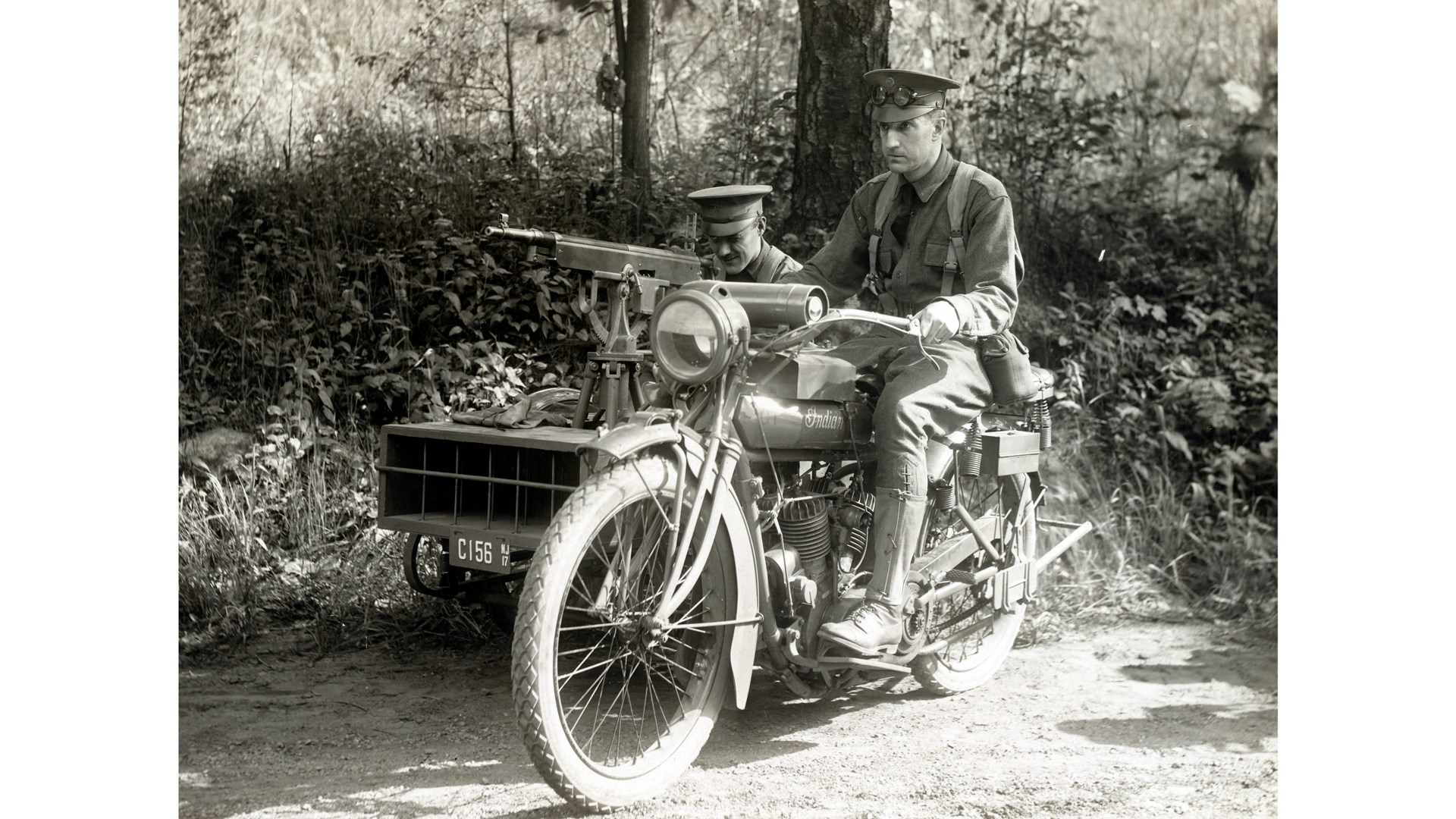 A firearm for a new century of mobile firepower: The M1895 machine gun was often mounted on early motorcycle/sidecar combinations. This is the New Jersey Mobile Battery during 1917. NARA
