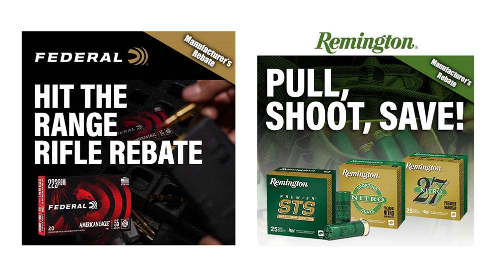 Ammuntion boxes text noting FEDERAL HIT THE RANGE RIFLE REBATE REMINGTON PULL, SHOOT, SAVE!