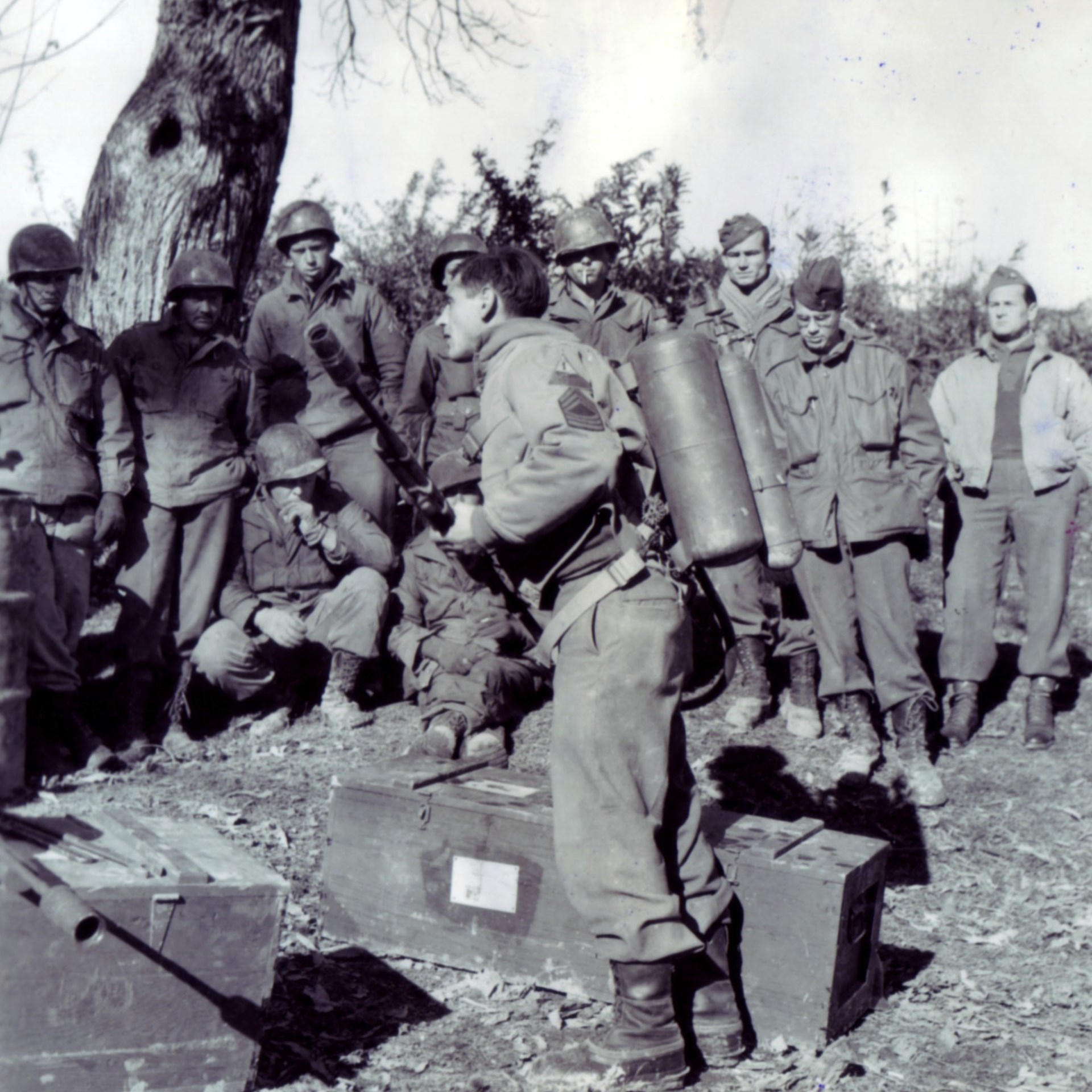 Demonstrating the M1A1 flamethrower in Italy during November 1944. Detailed training with the finicky flame weapons was critical to their success in combat.