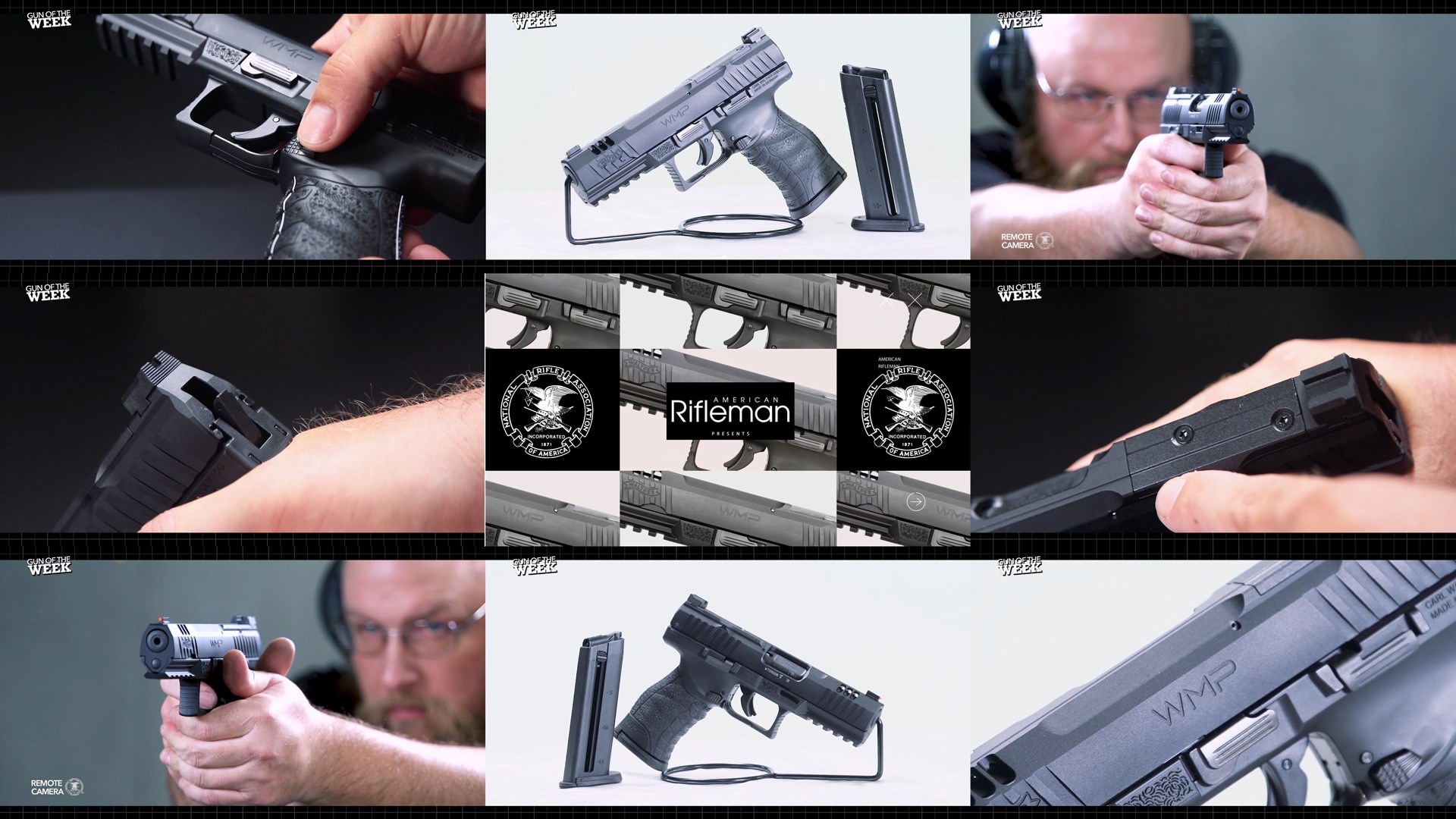 Walther Arms WMP .22 WMR pistol handgun semi-automatic pistol video screenshots mosaic tiles man shooting guns parts detail closeup magazine left right magazine release 9 images in 1