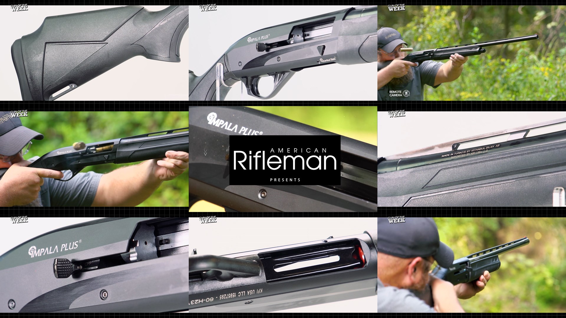 AMERICAN RIFLEMAN PRESETS text on image with tiles 9 images arrangement shotgun detail closeup man outdoors shooting