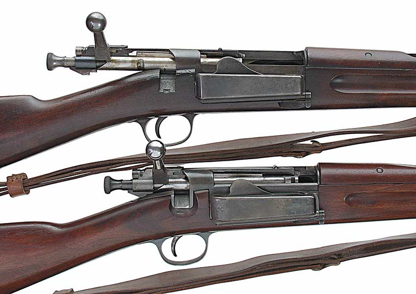 There were differences in the actions between Model 1898 (top) and earlier Krags. The receivers on Model 1892 and 1896 (bottom) had a locking recess machined for the bolt handle at the right rear of the action, while the Model 1898 did not.