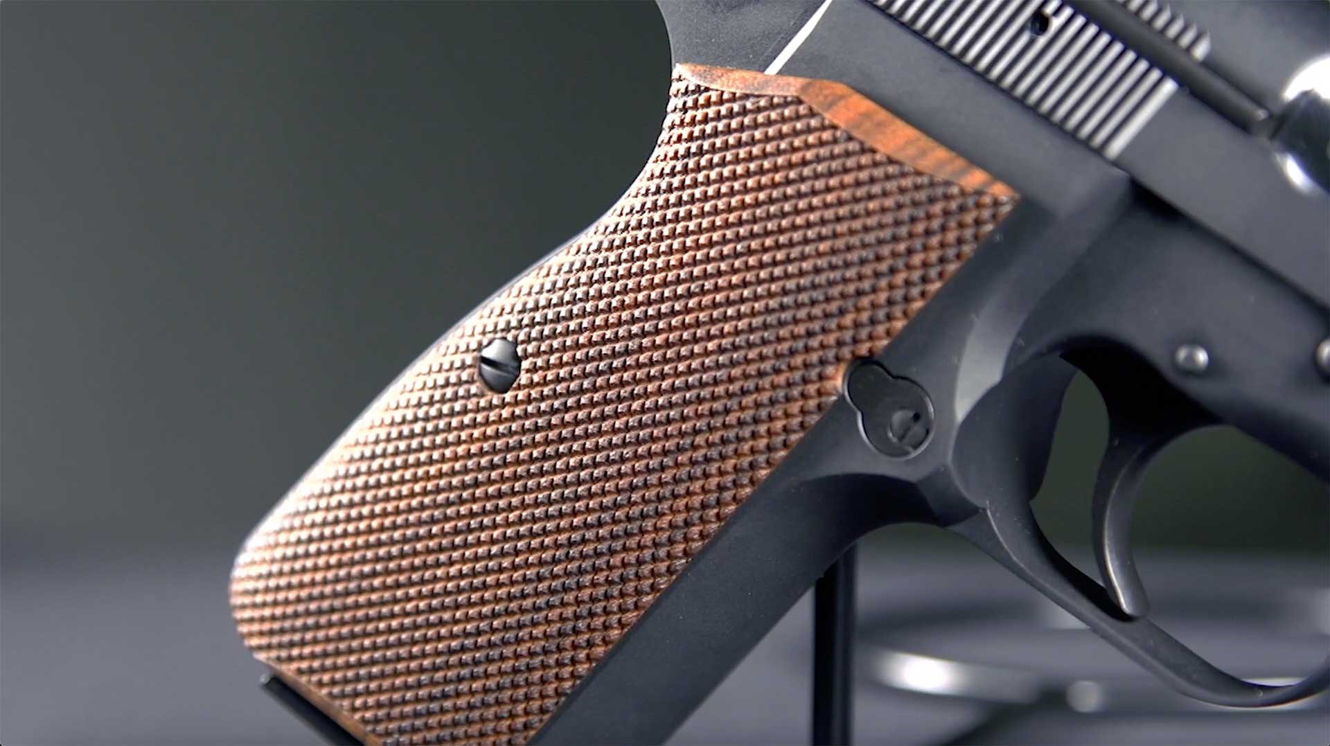 Right-side walnut grip panel on the Springfield Armory SA-35.