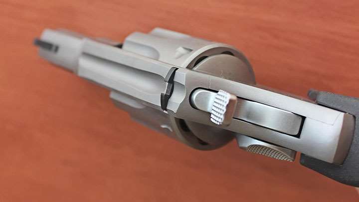 An overhead view of the Taurus 942 hammer and rear sight.