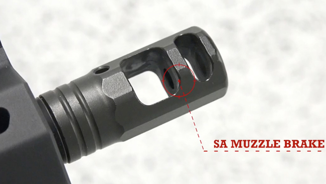 Springfield Armory Saint Victor AR-15 SA muzzle brake shown close-up on white background.