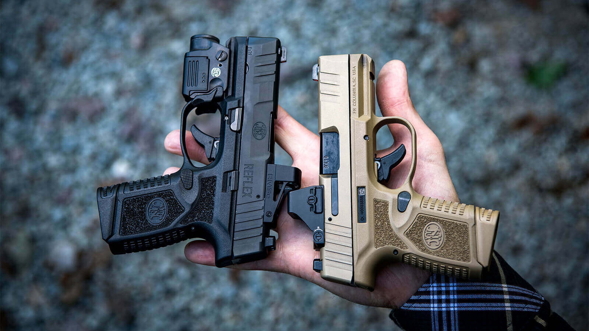 two guns fn america reflex pistol 9 mm micro compact personal defense concealed carry side by side view comparison black brown fde