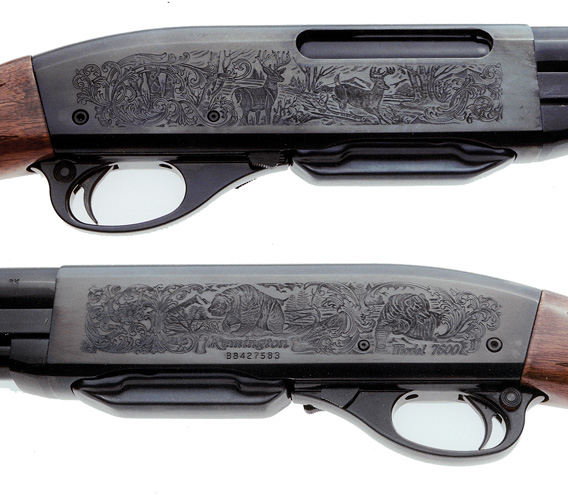 Remington Model 7600 receiver metal guns stack two engraving detail close-up metalwork scene