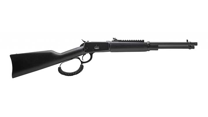 Right-side view on white background of Rossi USA Triple Black lever-action rifle with paracord wrap on lever and Picatinny rail on barrel.