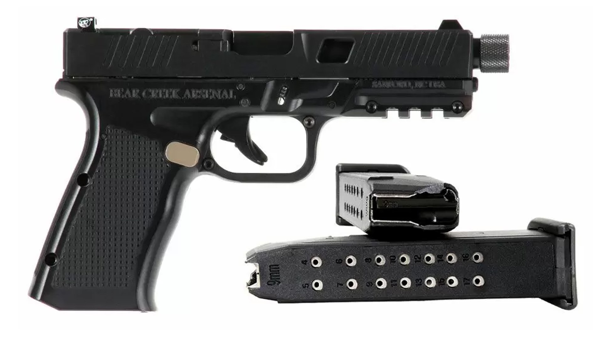 Right side of the Bear Creek Arsenal Genes1s II pistol, shown alongside two Glock pistol magazines.