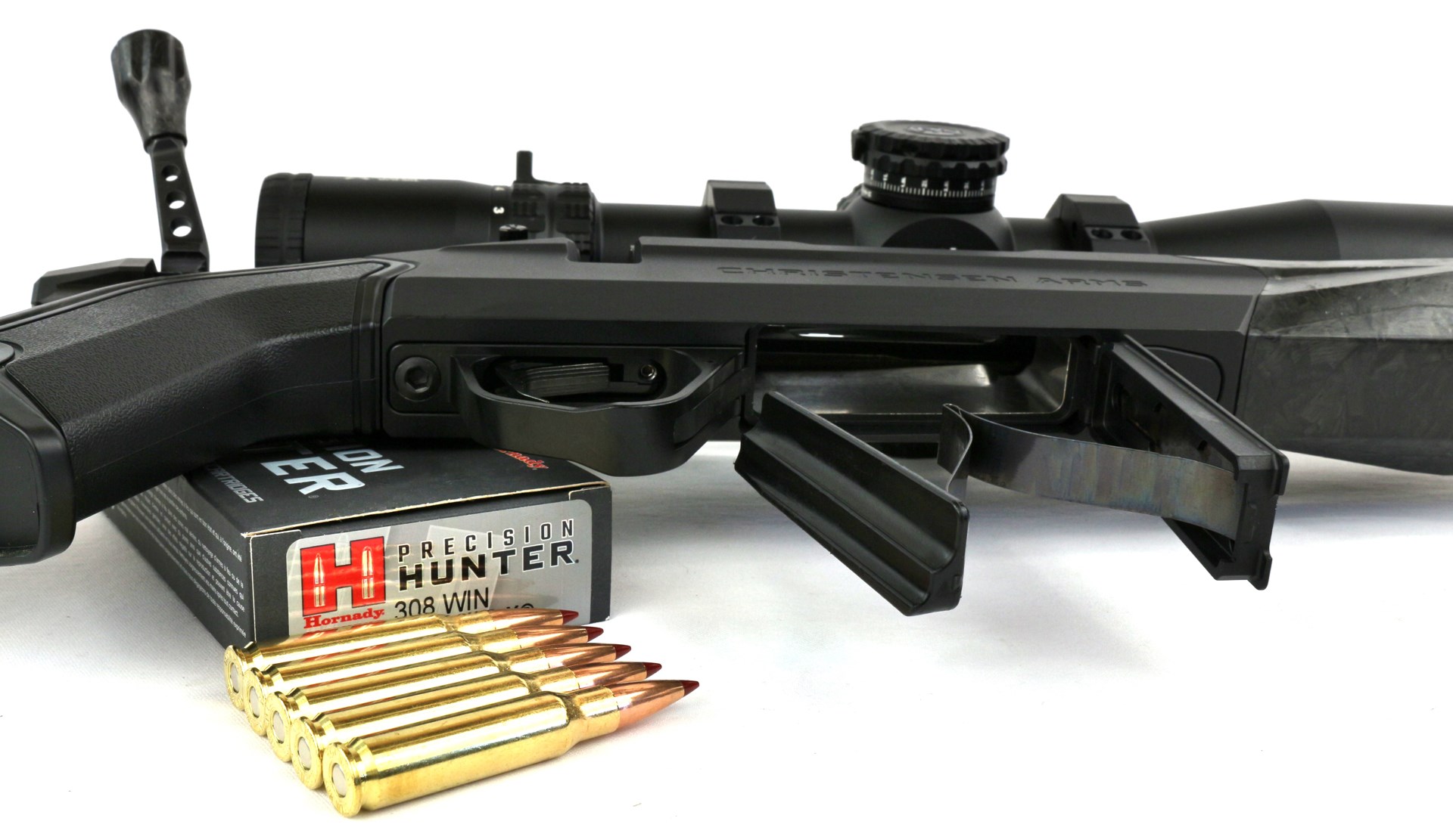 Christensen Arms Modern Hunting Rifle closeup action underside magazine floorplate ammunition hornady precision hunter eld-x bullets bolt-action rifle gun firearms carbon fiber stock